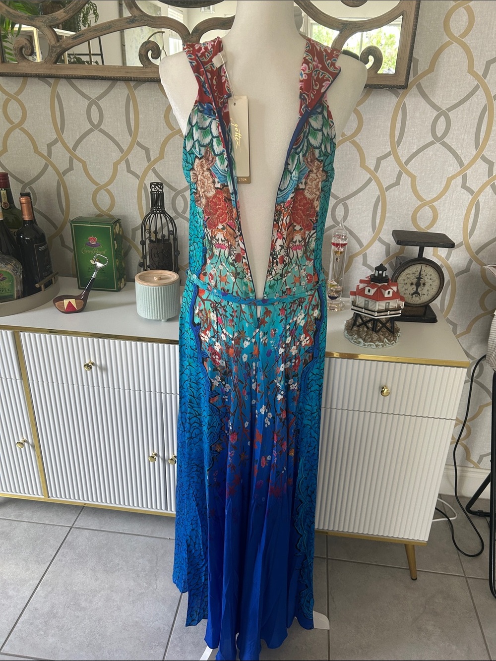 GOTTEX Silk Blue Multicolor Maxi cover up/dress with Floral & Feather Motif - Picture 7 of 12